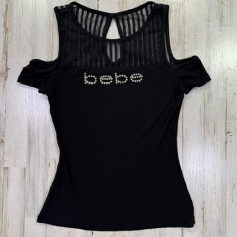 Bebe Top Women Medium Black Crystal Rhinestone Logo Cold Shoulder Ribbed Y2K